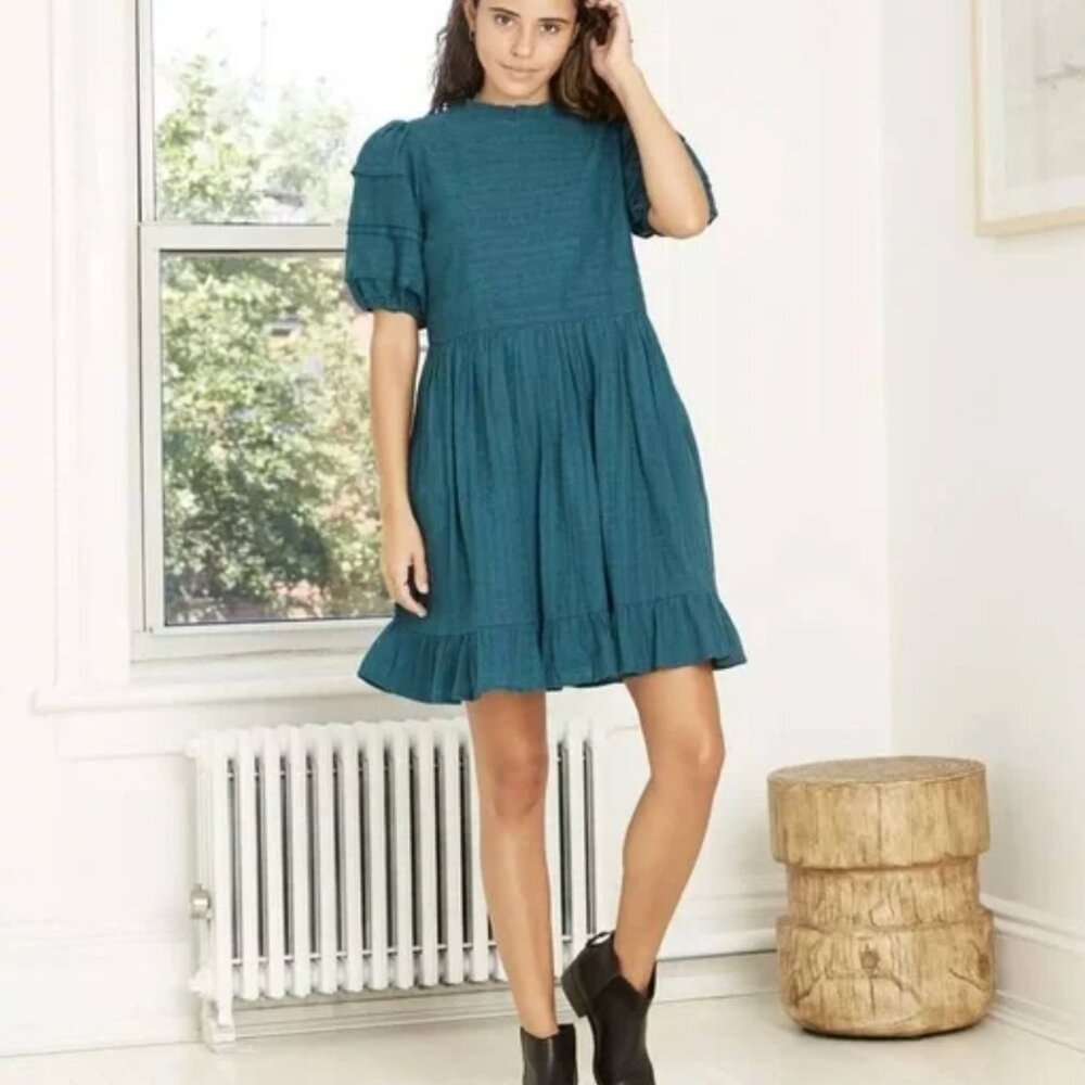 Universal Thread Puffy Sleeve Cottagecore Babydoll  Coquette Teal Dress sz Small